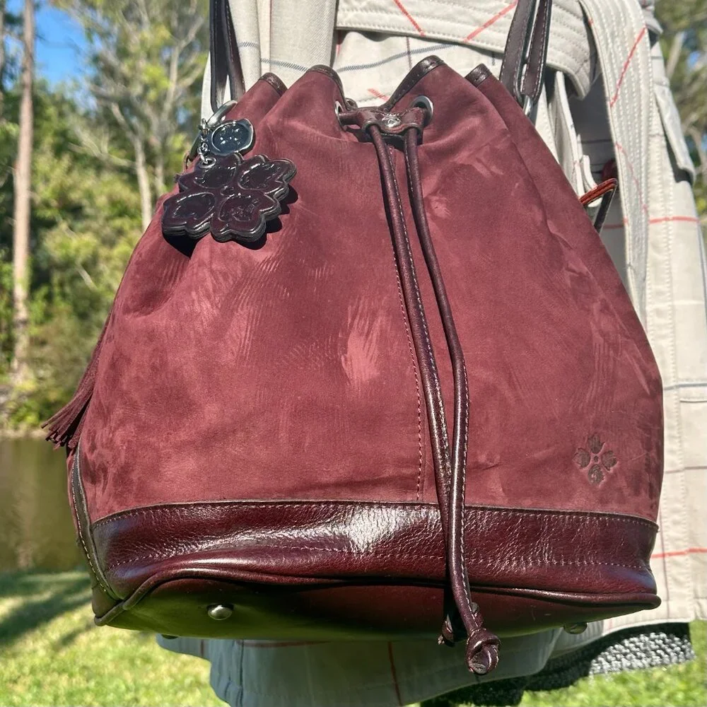 Patricia Nash Melrose Brushed Italian Nubuck Drawstring Bucket Bag Plum Key Fob